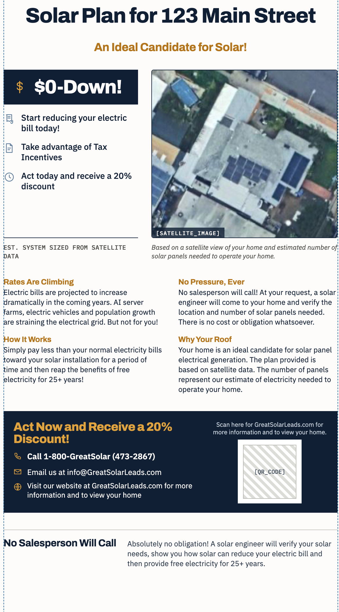 Sample GreatSolarLeads.com postcard showing a satellite view of a home with solar panels and a custom solar plan